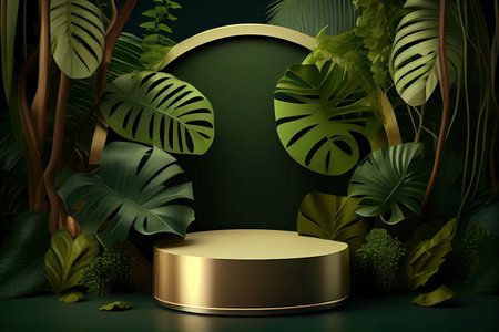 3D render of dark green tropical background with golden podium and monstera leaves.の素材