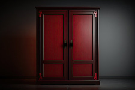 3d rendering of a classic wooden wardrobe on a dark background.の素材
