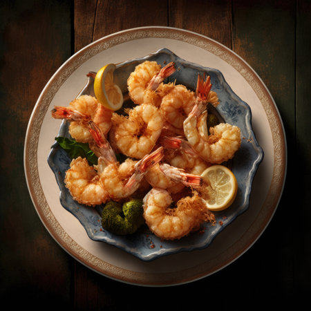 Fried Shrimps with Broccoli and Lemon on Wooden Backgroundの素材