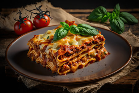 Tasty lasagna with minced meat, tomatoes and basil on wooden backgroundの素材