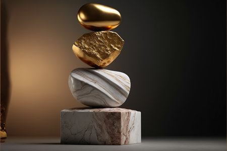 3d render of abstract composition with golden eggle pedestalの素材
