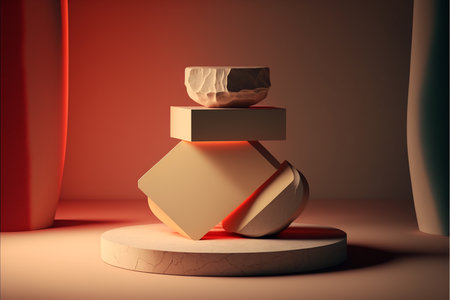 Abstract 3d rendering of geometric shapes. Minimal composition with podium for product presentation.の素材