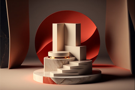 3d render, abstract geometric background, round podium for product presentation.の素材
