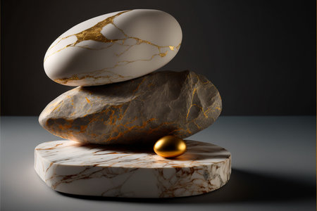 3d render of golden and black bars on a marble background.の素材