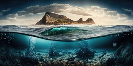 Underwater view of the island in the ocean. Collage.の素材