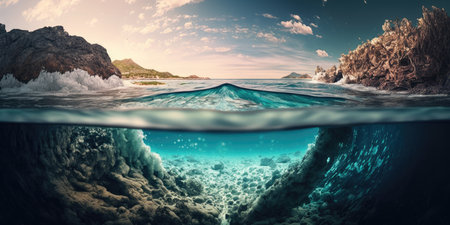 Underwater view of coral reef and tropical sea. 3D Renderingの素材