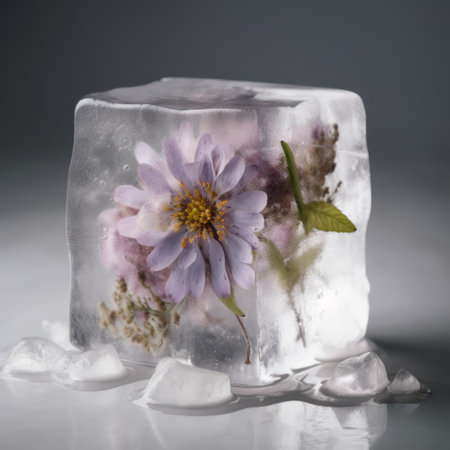 Ice cube with wildflowers and ice cubes on a gray backgroundの素材
