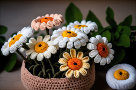 Handmade crocheted flowers in a pot on a wooden backgroundの素材