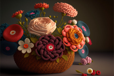 Bouquet of flowers in a basket, 3D illustration.の素材