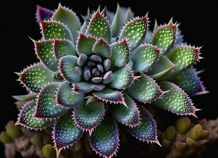 Succulent plant on black background, close-up shot.の素材