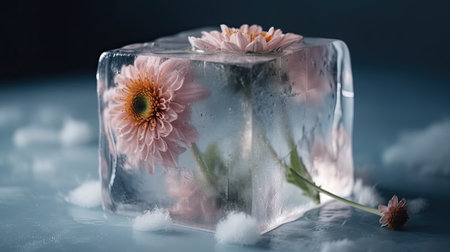 flowers frozen in ice cube on blue background, shallow depth of fieldの素材
