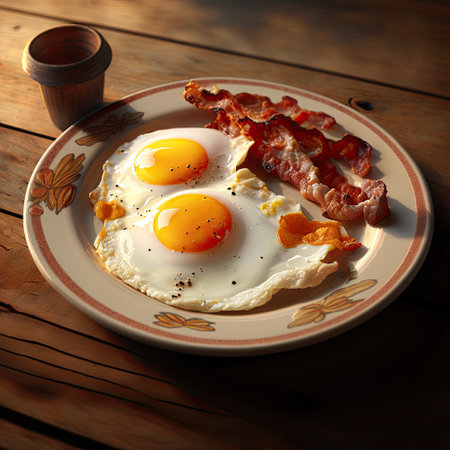 Fried eggs with bacon and dried apricots on a plateの素材