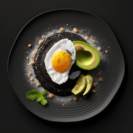 Fried egg with avocado on black plate over black background, top viewの素材