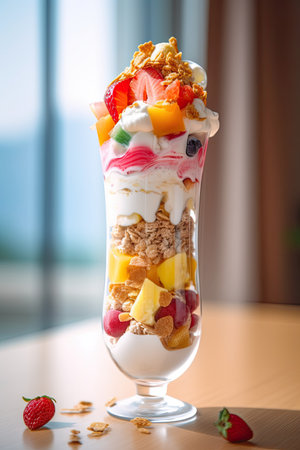 dessert in a glass with fruits and cereals on the tableの素材