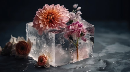 Frozen flower in ice cube on dark background. Nature concept.の素材