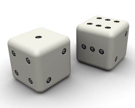 Pair of white dices isolated on white backgroundの写真素材