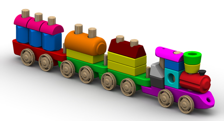 Colorful wooden toy train on a white surfaceの写真素材