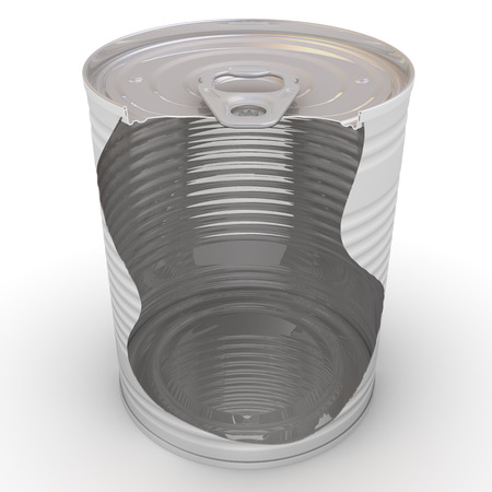 Steel tin can with a cross-section on a white surface. Isolated. 3D Illustration