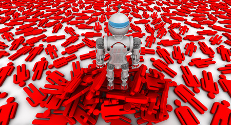 Robot-winner on a pile of fallen people