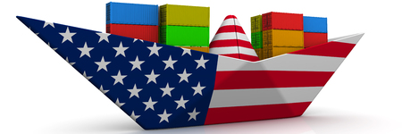 Paper boat from the USA flag with shipping containers on white surfaceの写真素材