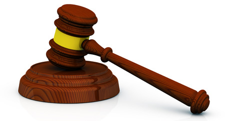 Wooden judge gavel on white surface. Isolated. 3D Illustrationの写真素材