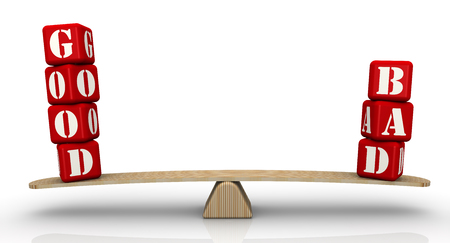 Good or bad. The concept of comparison. The words GOOD and BAD, made of red cubes, are weighed in the balance. Isolated. 3D illustrationの写真素材