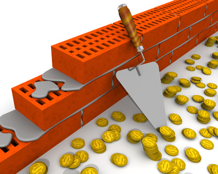 A trowel, masonry made of ceramic bricks and gold coins with symbol of US dollar on a white surface. Isolated. 3D Illustrationの写真素材