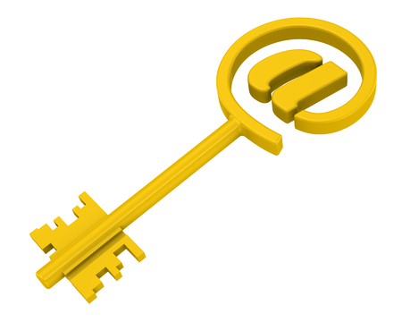 The golden key of the email account isolated on white background. 3D Illustrationの写真素材