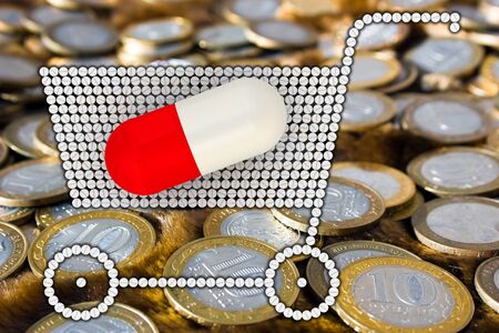 A red and white capsule lies on a grocery cart made from pills on background of Russian coins. 3D Illustrationの写真素材