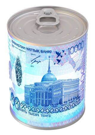 Tin can with a label in the form of a Kazakhstan banknote (tenge). Cash reserve funds. Isolated. 3D illustrationの写真素材