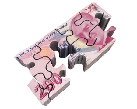 A pack of Turkish Lira banknotes in the form of an unassembled puzzle on white surface. Isolated. 3D illustrationの写真素材