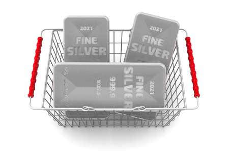 Buying silver ingots. Three ingots of 999.9 Fine Silver lie in a grocery basket. 3D illustrationの写真素材