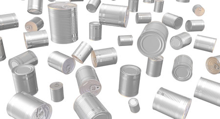 Background from tin cans. A lot of tin cans isolated on white background. 3D illustration