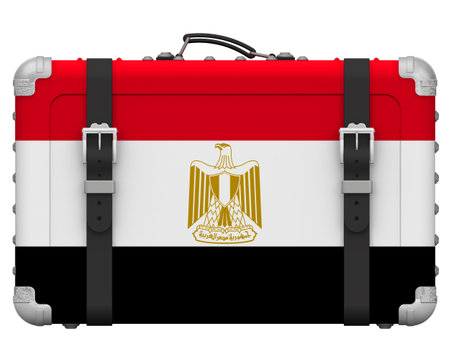 Stylish suitcase with the national Flag of Eqypt. Retro suitcase with the national Flag of Eqypt stands on a white surface. 3D illustrationの写真素材