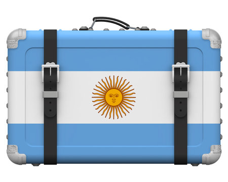 Stylish suitcase with the national Flag of Argentina. Retro suitcase with the national Flag of the Argentine Republic stands on a white surface. 3D illustrationの写真素材