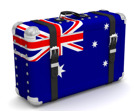 Stylish suitcase with the national Flag of Australia. Retro suitcase with the national Flag of the Commonwealth of Australia stands on a white surface. 3D illustrationの写真素材