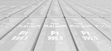 The highest standard platinum bars. Lots of ingots of 999.9 Fine Platinum lie in a row. Background. 3D illustrationの写真素材