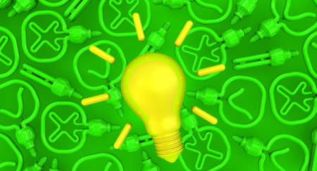 Idea, solution, thinking, innovation concept. Green background with green energy saving light bulbs and one golden glowing light bulb. 3D illustrationの写真素材