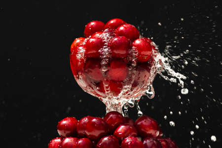Ripe cherries in a glass. Juicy cherries in a glass with splashing water on a black background.の写真素材