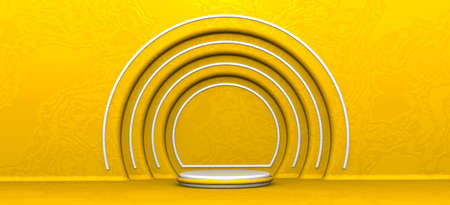White podium with gold background. Gold interior background with white podium for landing page, showcase, product presentation. 3D illustrationの写真素材