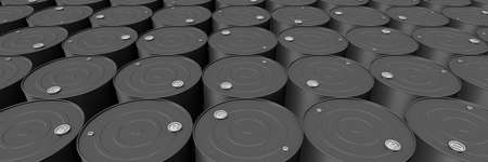 Barrels for technical liquids. Black barrels without inscriptions arranged in a row. 3d illustration