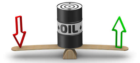 Change in oil prices. One black and white barrel with the word OIL and arrows on the scales. The scales in the equilibrium position. 3d illustrationの写真素材