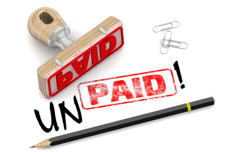 Paid or unpaid. The stamp, an imprint and a correction. The seal-stamp and red imprint PAID with UNPAID correction on white surface. 3D illustrationの写真素材