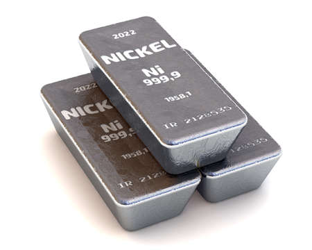 Nickel. Bullion of the highest standard. There are three ingots of 999.9 Fine Nickel bars on white background. 3D illustrationの写真素材