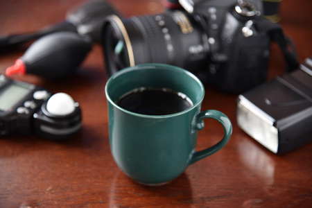 Coffee and camera equipmentの写真素材
