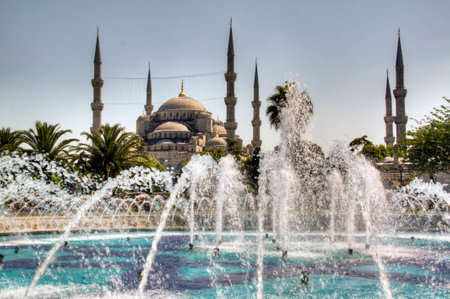 View over the Blue Mosque and fountain in Istanbul, Turkeyの写真素材