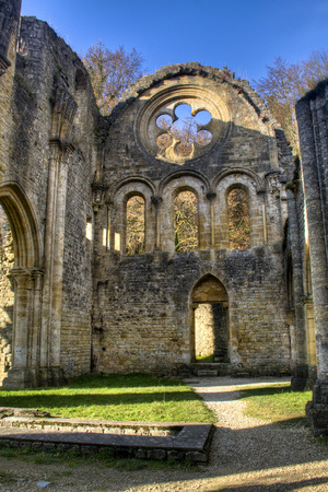 The abbey in Orval, Belgium is famous for its trappist beer, botanical garden and ruins of the former monasteryの写真素材
