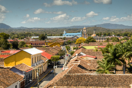View of the historical centre of Granada, Nicaragua with several cathedrals, churches and the lake in the backgroundのeditorial素材