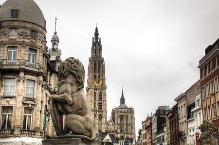 View over the Suikerrui in Antwerp, Belgium with the cathedral in the backgroundのeditorial素材