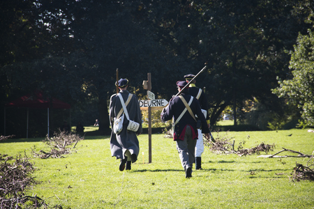 ANTWERP, BELGIUM  CIRCA SEPTEMBER 2015: Reconstruction of the battle of Berchem during the war for independence between Belgium and the Netherlands in 1830. During this battle the earl De Merode got hurt and died soon after.のeditorial素材